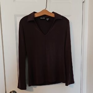 New York & Company Plum Notched Collar Long Sleeve Blouse (AB)